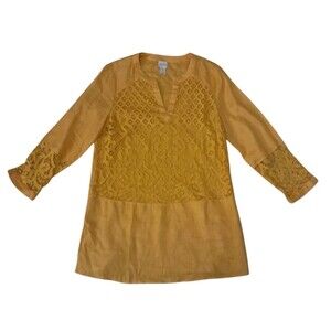 Chico's Linen Lace Tunic Top Women's 0 Small Glistening‎ Yellow Boho Lagenlook